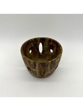 Vintage Art Pottery Candle Holder Votive Signed RC 1980s Rustic Brown Green Drip